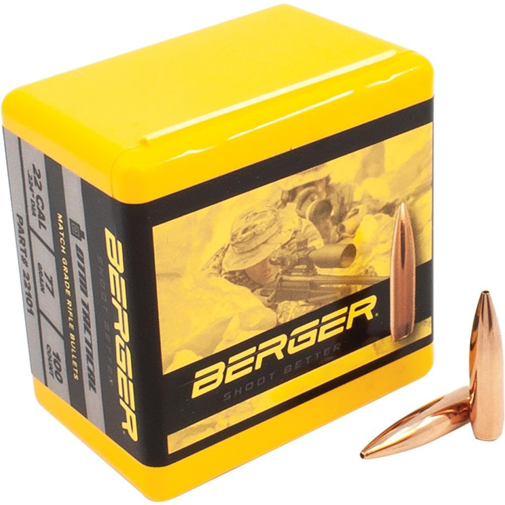 Berger Tactical 22 Caliber (224 Diameter) Bullets 77 Grain Jacketed Hollow Point Box of 100