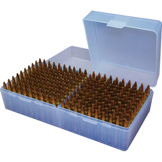 MTM Case-Gard P-200 Series Flip Top Small Rifle Ammo Box .204 Ruger/.223 rem/.300 AAC Blackout and Similar Rounds Holds 200 Rounds Clear Blue