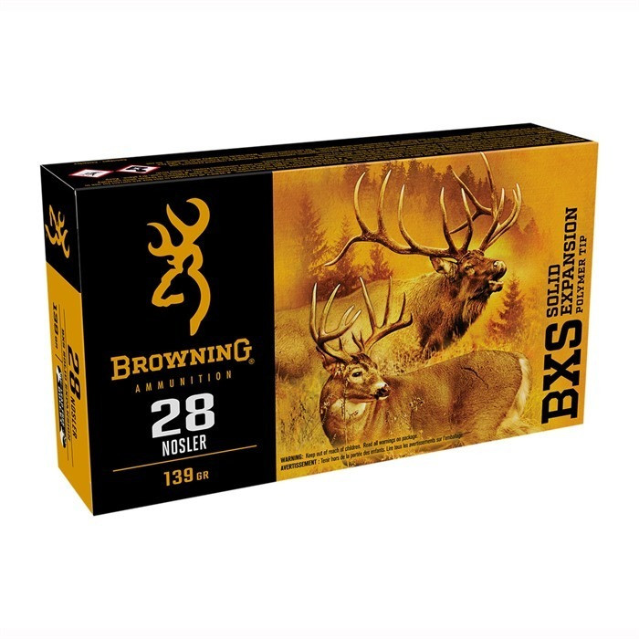 Browning B192400281 BXS Copper Expansion 28Nosler 139gr Lead Free Solid Expansion Polymer Tip 20 Per Box/10 Case Centerfire, Rifle Ammunition