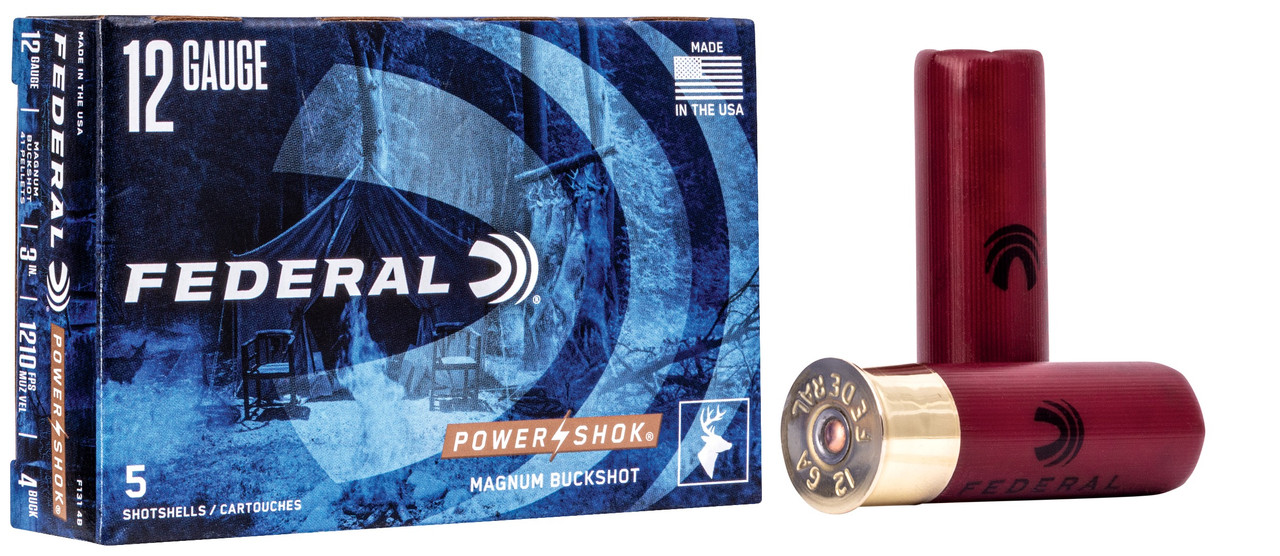 Federal F1314B Power-Shok Magnum 12Gauge 3 in 41Pellets 1 15/16oz 4BuckShot 5 Per Box/50 Case, Shotgun Shells