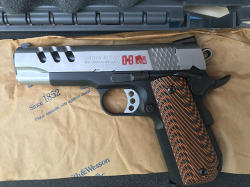 S&W Performance Center HORNADY STAMP ON SLIDE SW1911 Custom .45 ACP 4.25 Inch Stainless Steel Throated Barrel Two-Tone Finish G10 Custom Wood Grip 8 Round