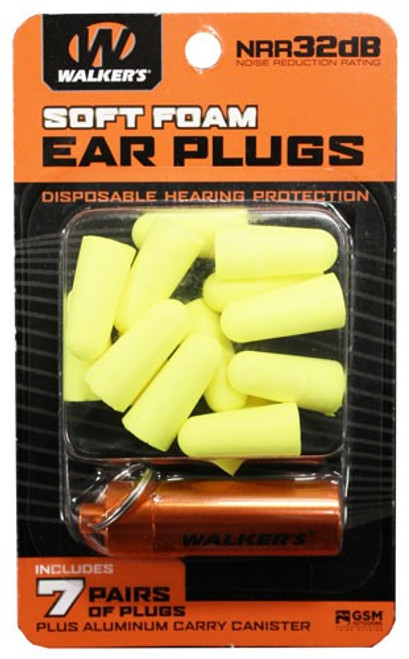 WALKERS EAR PLUGS SOFT FOAM 32dB 7-PAIR W/CARRY CASE YLW