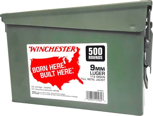 WIN AMMO 9MM LUGER (CASE OF 2) 115GR FMJ-RN AMMO CAN 500PK