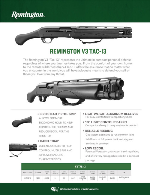 Remington Firearms 83392 V3 Tac-13 Semi-Automatic 12 Gauge 13 3 5+1 Synthetic Pistol Grip Black Stk Black Oxide*