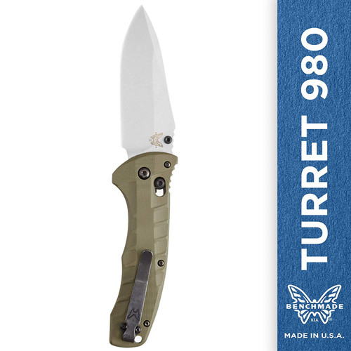 Benchmade - Turret 980, EDC Folding Knife, Drop-Point Blade, Manual Open, Axis Locking Mechanism, Made in USA, Satin, Straight 