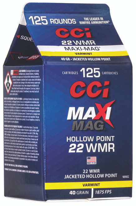 CCI 22 WMR Rimfire Ammunition 920CC 40 gr Jacketed Hollow Point 125 Rounds