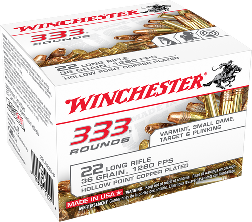 Winchester 22 LR Rimfire Ammunition 22LR333HP 36 gr Copper Plated Hollow Point 333 Rounds