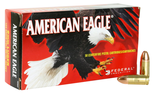 Federal AE9AP -American Eagle  9mm Luger 124 GR Full Metal Jacket FMJ-Sold by the case-1,000 rds total-( 50 rounds per box/20 boxes per case)