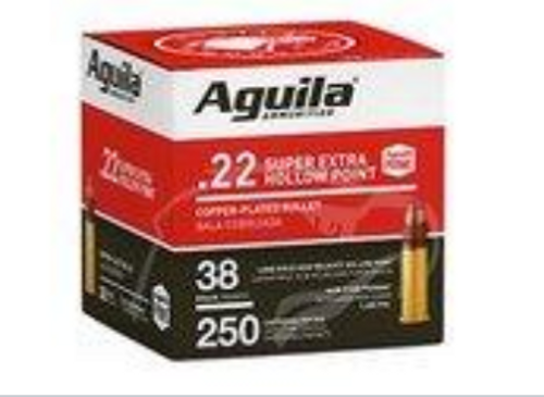 Aguila 1B221103  Super Extra High Velocity 22 LR 38 gr Copper Plated Hollow Point (CPHP) 250 rounds