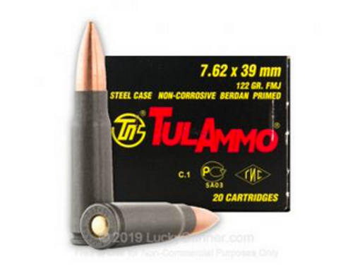   Tula Ammo TULA762OS Rifle 7.62x39mm 122 gr Full Metal Jacket (FMJ) Steel Case 20 rounds