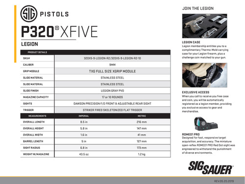   Sig Sauer 320X59LEGIONR210 P320 X-Five Legion *MA Compliant 9mm Luger 5" 10+1 Legion Gray Polymer Frame Legion Gray Stainless Steel Slide  with Legion Gray TXG Grip