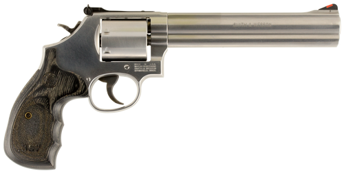 Smith & Wesson 150855 Model 686 Plus 357 Mag or 38 S&W Spl +P Stainless Steel 7" Barrel & 7rd Cylinder, Satin Stainless Steel L-Frame, Black/Silver Custom Wood Grip, Red Ramp Front/White Outline Rear Sights, Internal Lock