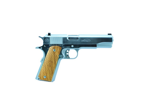 GOVERNMENT 1911 9MM CHROME 8+1CHECK WOOD GRIPRear Slide SerrationsSkeletal Combat HammerTuned Trigger