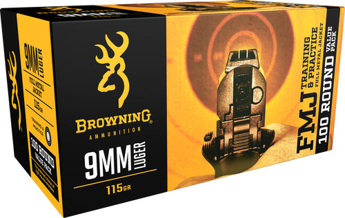 Browning Ammo B191800094 Training & Practice  9mm Luger 115 GR Full Metal Jacket (FMJ) -Sold by the Case- 500 rounds (100 rounds of 5 boxes)