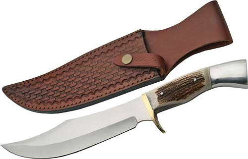 SZCO STEEL STAG 8 IRON COUGAR DEER ANTLER HANDLE SS BLADE