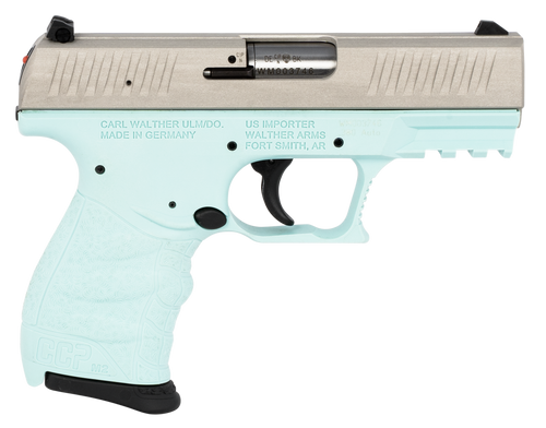   Walther Arms 5082512 CCP M2 380 ACP Caliber with 3.54" Barrel, 8+1 Capacity, Angel Blue Finish Polymer Picatinny Rail Frame, Serrated Sliver Stainless Steel Slide & Finger Grooved Polymer Grip