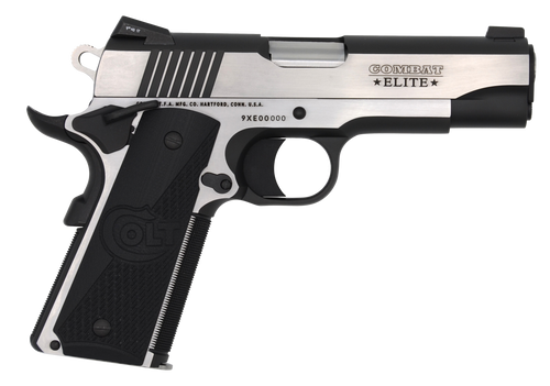   Colt Mfg O4082CE 1911 Combat Elite Commander 9mm Luger Caliber with 4.25" Barrel, 8+1 Capacity, Overall Two-Tone Elite Finish Stainless Steel, Serrated Slide, Half Checkered/Scalloped Black G10 Grip & Night Sights