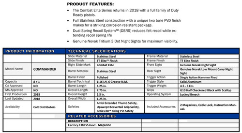   Colt Mfg O4082CE 1911 Combat Elite Commander 9mm Luger Caliber with 4.25" Barrel, 8+1 Capacity, Overall Two-Tone Elite Finish Stainless Steel, Serrated Slide, Half Checkered/Scalloped Black G10 Grip & Night Sights