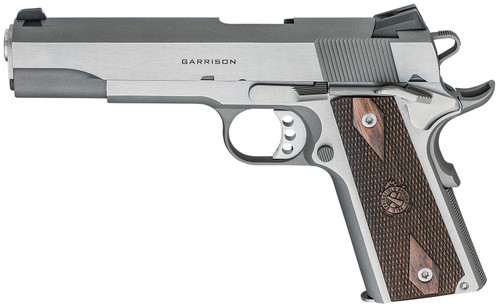 Springfield Armory PX9419S 1911 Garrison 9mm Luger Caliber with 5" Barrel, 9+1 Capacity, Overall Stainless Steel Finish, Beavertail Frame, Serrated Slide & Thin-Line Wood with Double-Diamond Pattern Grip