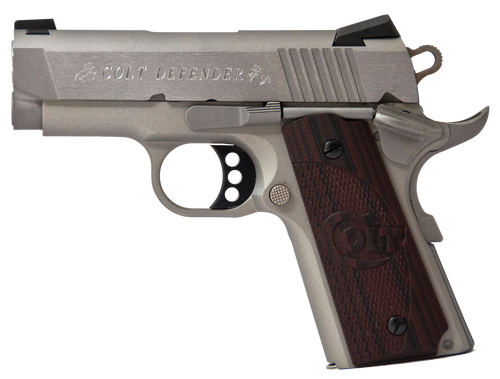 Colt Mfg O7000XE 1911 Defender 45 ACP Caliber with 3" Barrel, 7+1 Capacity, Matte Stainless Steel Aluminum Frame, Serrated Stainless Steel Slide, Black Cherry G10 Grip & Night Sights