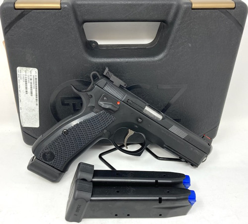 CZ SP01 Accu Shadow Double Action/Single Action Semi-automatic, Metal Frame Pistol, Full Size, 9MM, 4.6" Barrel, Steel, Polycoat Finish, Black, Aluminum Grips; Fiber Optic Front/Adjustable Rear Sight, Manual Safety, 19 Rounds, 3 Magazines