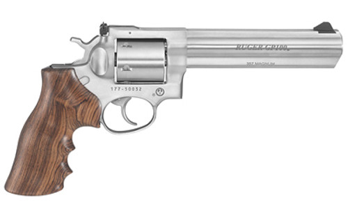 Ruger, GP100, TALO Edition Exclusive, Double Action, Revolver, 357 Magnum, 6" Barrel, Steel, Satin Finish, Silver, Hogue Walnut Grip, Ramp Front and Adjustable Rear Sights, 6 Rounds