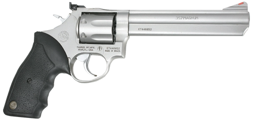 Taurus 2660069 66 38 Special +P or 357 Mag Caliber with 6" Barrel, 7rd Capacity Cylinder, Overall Matte Finish Stainless Steel, Finger Grooved Black Rubber Grip & Adjustable Rear Sight