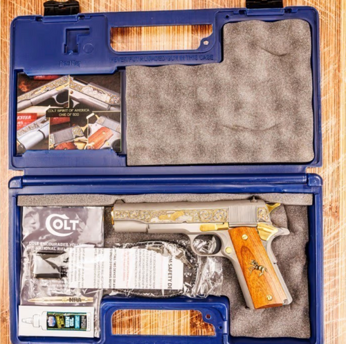 COLT 1911 45ACP 5" FS 7-SHOT SS ROSEWOOD GOLD SCROLL (TALO)