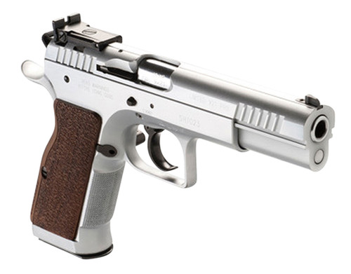 Tanfoglio IFG TF-LIMPRO-9 Defiant Limited Pro 9mm Luger Caliber with 4.80 Barrel 19+1 Capacity Overall Hard Chrome Finish Steel Beavertail Frame Serrated Slide & Brown Polymer Grip