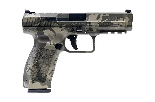 Canik HG4865WGN TP9SF  9mm Luger 18+1 (2) 4.46 Woodland Camo Picatinny Rail Frame with Interchangeable Backstrap Fiber Optic Sights Includes Holster