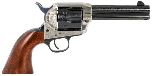 Taylors & Company 550924 1873 Cattleman 357 Mag Caliber with 4.75 Blued Floral Engraved Finish Barrel 6rd Capacity Blued Finish Cylinder Coin Photo Engraved Finish Steel Frame & Walnut Grip