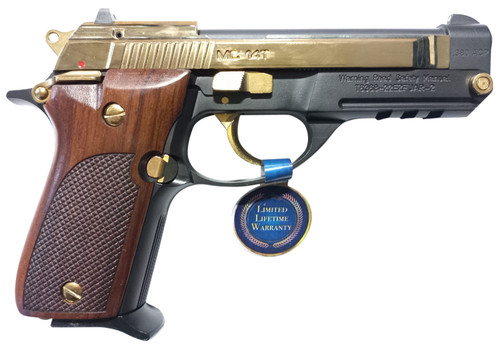 EAA GIRSAN 390876 MC 14T Solution Exclusive Compact 380 ACP 13+1 4.50" Blued Steel Tip-Up Barrel, Gold Plated Serrated Slide, Blued w/Gold Accents Aluminum Frame w/Accessory Rail Walnut Checkered Grips Ambidextrous