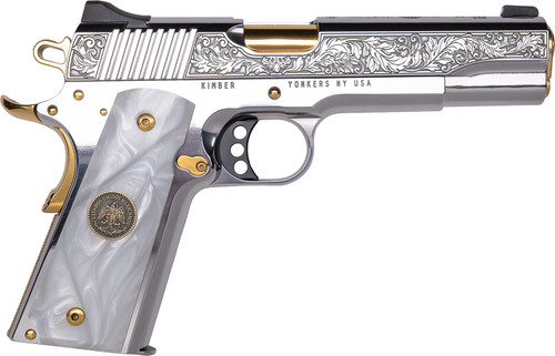 Cnc Firearms CNCPATRIA Kimber 1911 Patria 38 Super Gold  Plated PVD Barrel Polished Stainless Steel Engraved/Serrated Slide Stainless With Gold Accents Frame Pearl Grip
