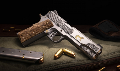 ONE DAY SALE ONLY Kimber CNC Firearms Rattlesnake Limited Edition 1911, 45 ACP with 5" Barrel, Hand Engraving, Gold Inlays, Custom Snake Skin Grips