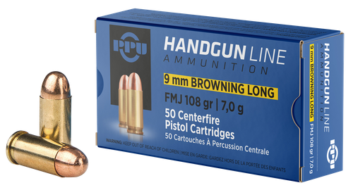 PPU 9mm Browning Long Ammo 108gr FMJ Ammunition - 50 Rounds