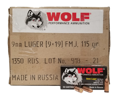 Wolf 9mm Ammo 115gr FMJ Ammunition - 50 Rounds
