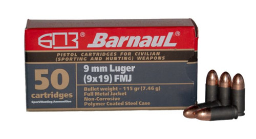 Barnaul 9mm Ammo 115gr FMJ Ammunition - 50 Rounds