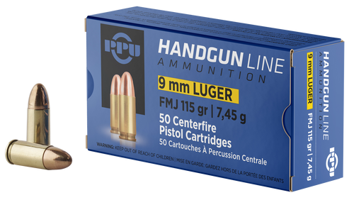 PPU 9mm Ammo 115gr Full Metal Jacket Ammunition - 50 Rounds