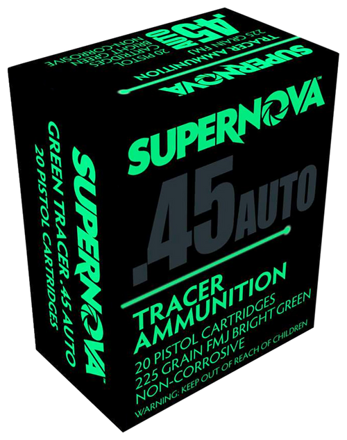 Supernova PMSN45ACG Green Tracer Non Corrosive 45 ACP 225 gr Full Metal Jacket 20 Per Box/ 50 Cs