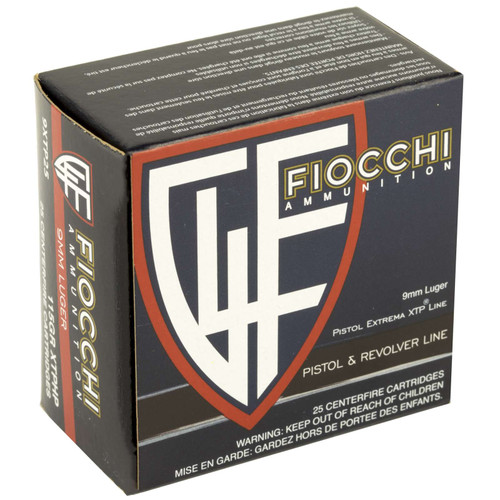Fiocchi 9mm Ammo 115gr Hornady XTP Hollow Point Ammunition - 25 Rounds