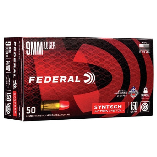 Federal 9mm Ammo 150gr Synthetic Jacketed Flat Nose (SJFN) Ammunition - 50 Rounds