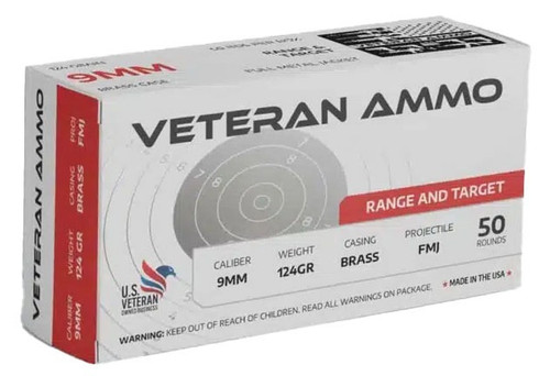 Veteran Ammo 9mm Luger Ammo 124gr FMJ Ammunition - 50 Rounds