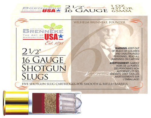 Brenneke 16 Gauge Ammo 1 oz Rifled Slug Ammunition - 5 Rounds