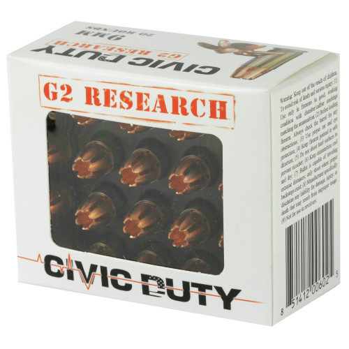 G2 Research 9mm Luger Ammo 96gr Copper Expansion Projectile Ammunition - 20 Rounds