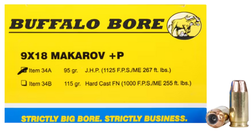 Buffalo Bore 9x18 Makarov Ammo 95gr Jacketed Hollow Point Ammunition - 20 Rounds