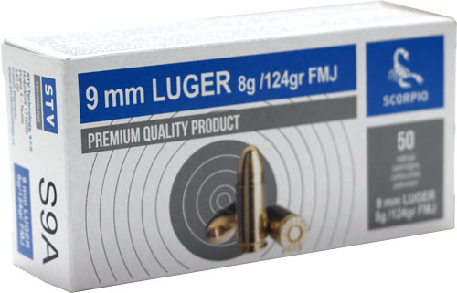 Scorpio 9mm Ammo 124gr Full Metal Jacketed Ammunition - 50 Rounds