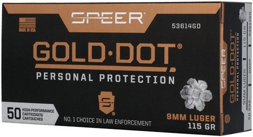 Speer 9mm Ammo 115gr Speer Gold Dot JHP Ammunition - 50 Rounds