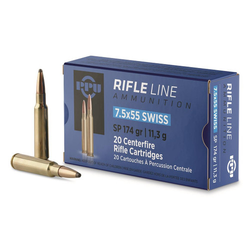 PPU 7.5x55mm Swiss Ammo 174gr SP Ammunition - 20 Rounds