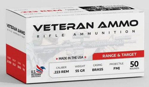 Veteran Ammo 5.56 x 45mm Ammo 55gr FMJ Ammunition - 50 Rounds
