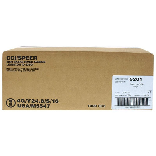 CCI 9mm Luger Ammo 124gr FMJ Ammunition - 1000 Rounds